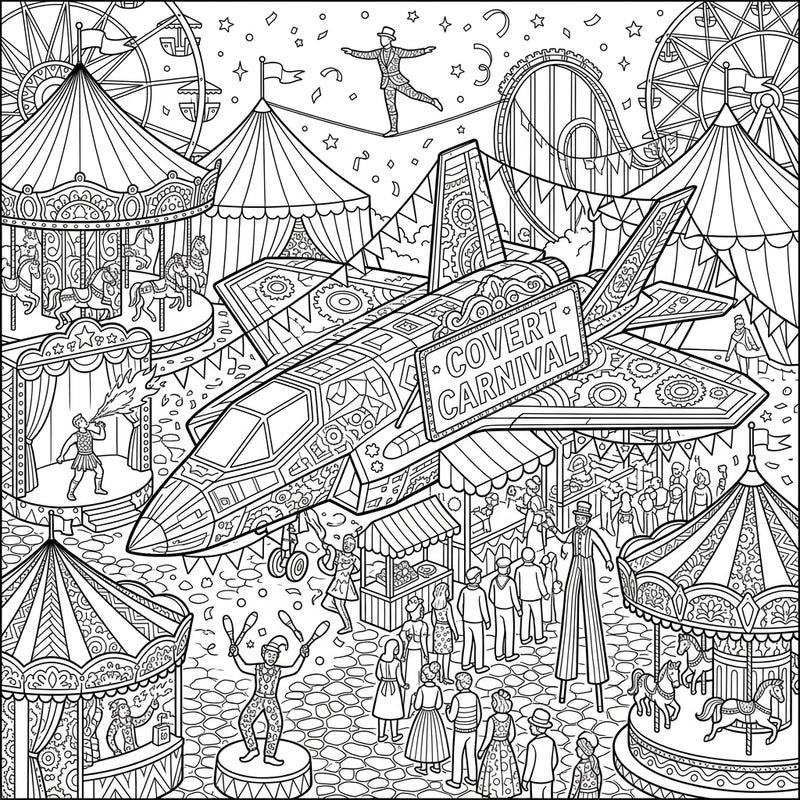 Prepare for a coloring experience like no other with this extraordinary Stealth Craft Carnival design. Immerse yourself in a world where advanced technology meets the whimsical fun of a bustling fairground.