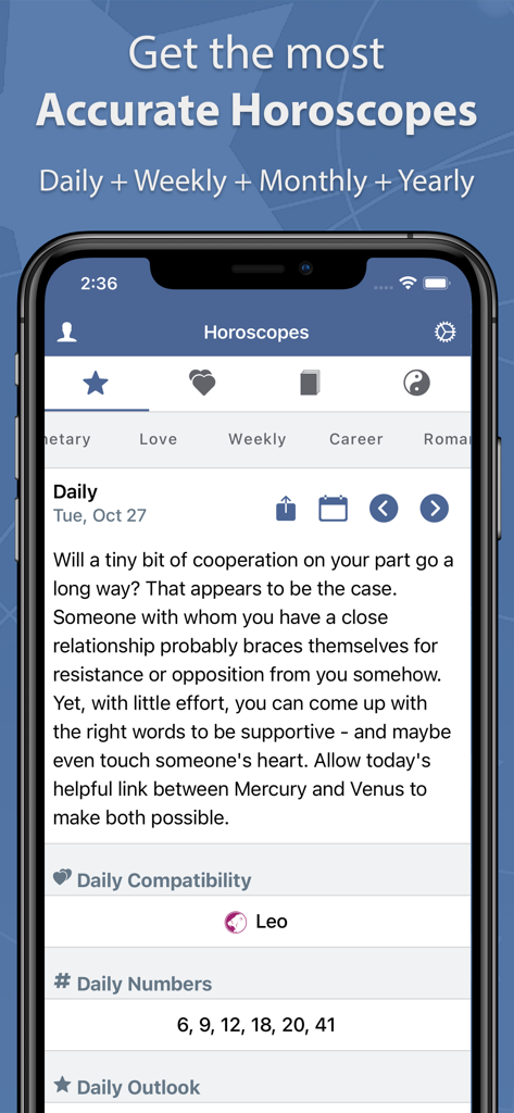 Astrolis Horoscopes & Tarot - Astrolis mobile app showing a daily horoscope reading with lucky numbers and zodiac compatibility