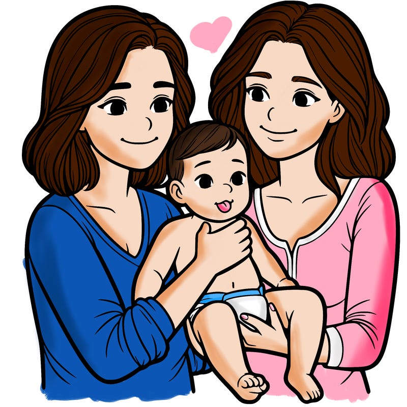 two realistic women holding one baby together