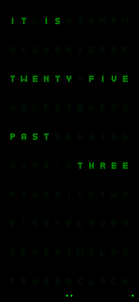 Pixel Clock - Retro Style - Retro word clock interface with green pixelated letters showing the time on a black background