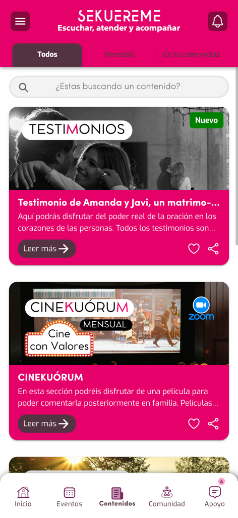 Sekuereme - Mobile interface of the Sekuereme app showing sections for spiritual testimonies and Christian values cinema.