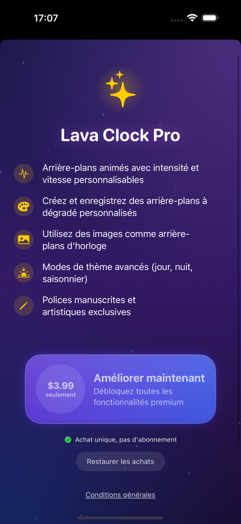 Lava Clock - Pantalla de mejora de Lava Clock Pro que enumera las funciones premium, incluyendo fondos personalizados y fuentes artísticas