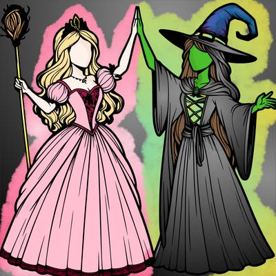 detailed realistic split of a princess and a witch