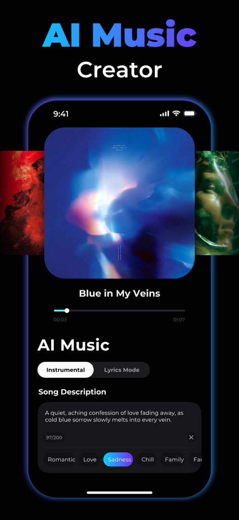 Mobile app screen showing the AI music generation feature with text prompt input and mood selection