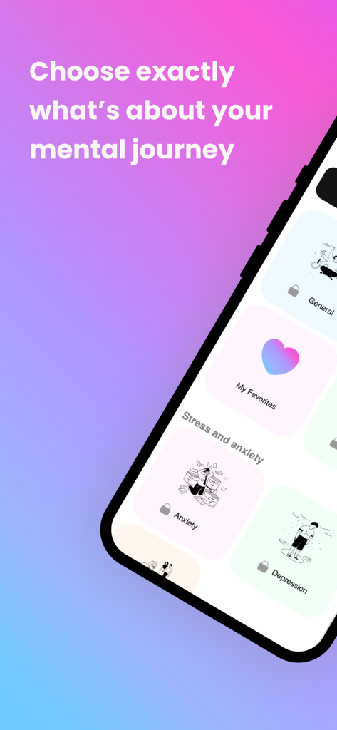 Felt – AI Journal Buddy - Interface do aplicativo Felt mostrando várias categorias de saúde mental para tópicos de diário personalizados