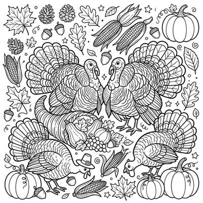 Get into the holiday spirit with this delightful coloring page featuring four charming Thanksgiving turkeys. Surrounded by a bounty of autumn treasures, this intricate design is perfect for creative relaxation.