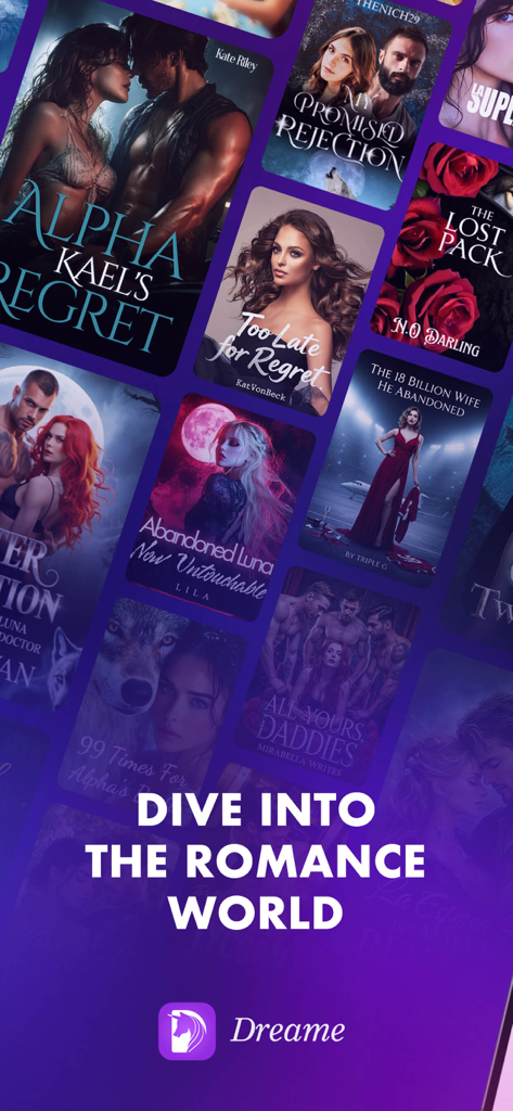 A collage of romance novel covers from the Dreame app with the text Dive into the Romance World