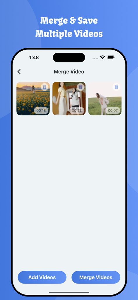 Interface of the Video Cutter app showing multiple video clips selected to be merged into one