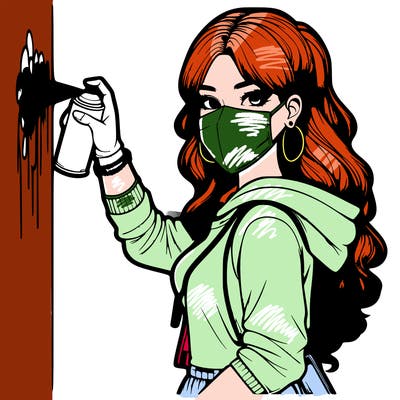 realistic girl with mask spray painting a wall