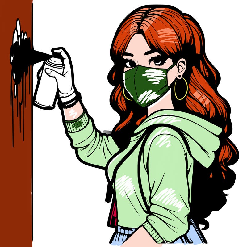 realistic girl with mask spray painting a wall