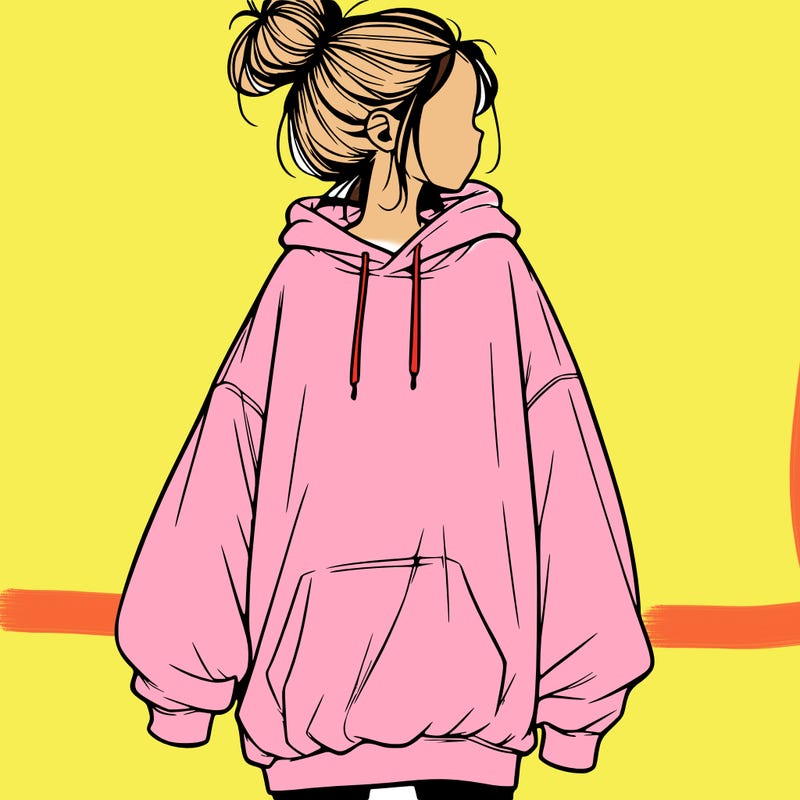 realistic girl with a oversized sweatshirt on and a bun