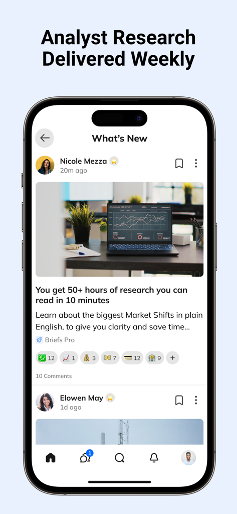 Briefs Finance - Interface of the Briefs Finance app showing weekly market research reports and financial news in a social feed.
