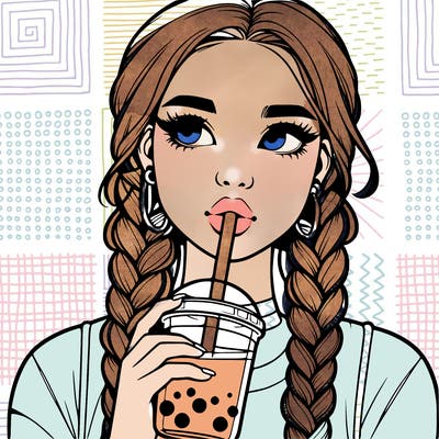 realistic girl with braided hair drinking boba
