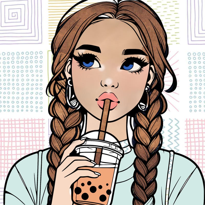 realistic girl with braided hair drinking boba