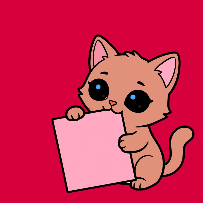 a small cat with a blank sheet of paper in its hand. the cat is sooooooo cute!