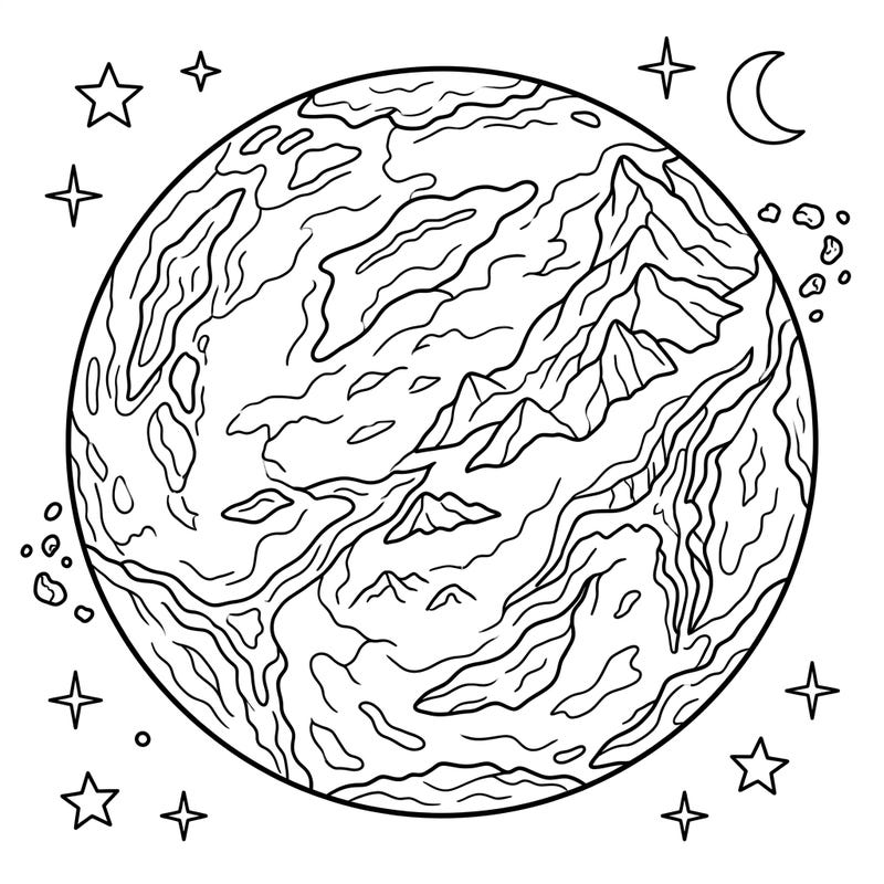 Discover a Super-Earth with this fun coloring page for kids. Featuring a rocky exoplanet, stars, and a moon, it's an exciting cosmic journey for young artists.