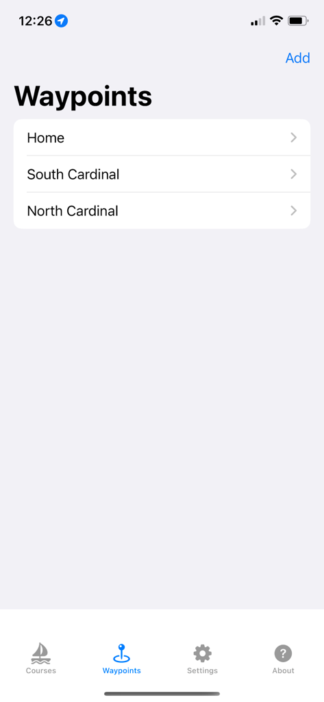 Watch Wayfinder - Interfaccia dell'app Watch Wayfinder per iPhone che mostra un elenco di waypoint di navigazione salvati