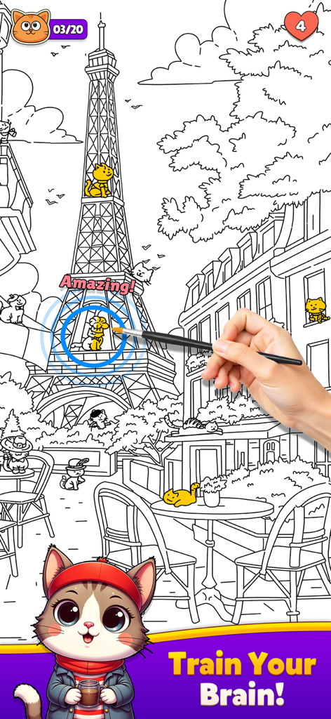 Spot The Cat- Hidden Objects - Eine Hand, die eine versteckte gelbe Katze auf dem Eiffelturm in einem Rätsel einer Pariser Straßenszene findet.