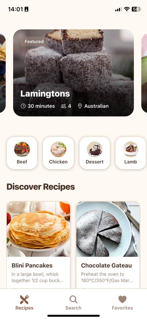 Recipe Finder: Easy Cooking - 레시피 파인더 앱의 홈 화면으로, 추천 레시피와 카테고리를 보여줍니다.