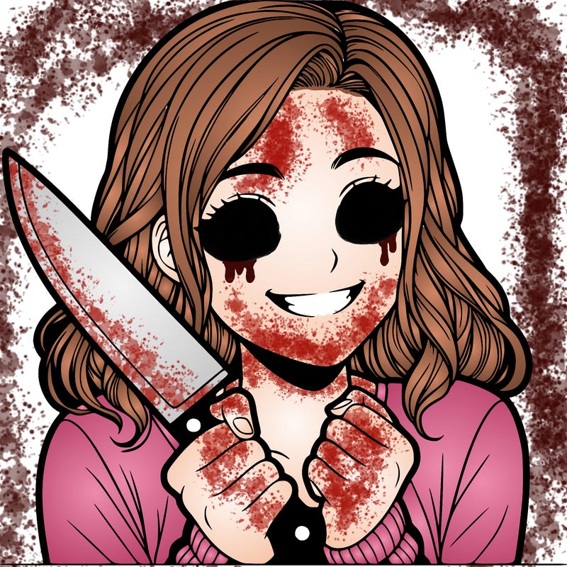 a realistic girl holding a knife and grinning
