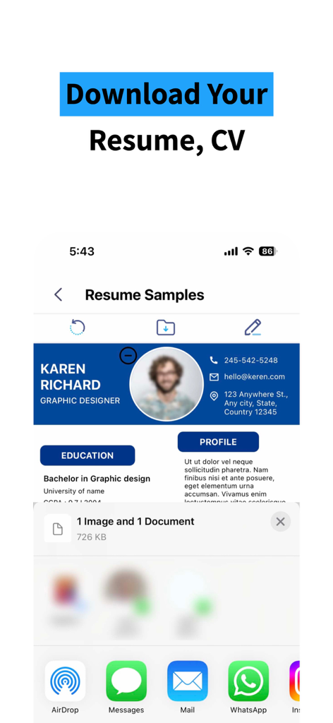 ResuME Maker - CV Jobs Builder - Interface of the ResuME Maker app showing a professional resume preview and mobile sharing options like email and WhatsApp