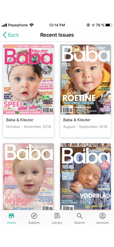 A digital library displaying several recent issues of the Baba and Kleuter Afrikaans parenting magazine