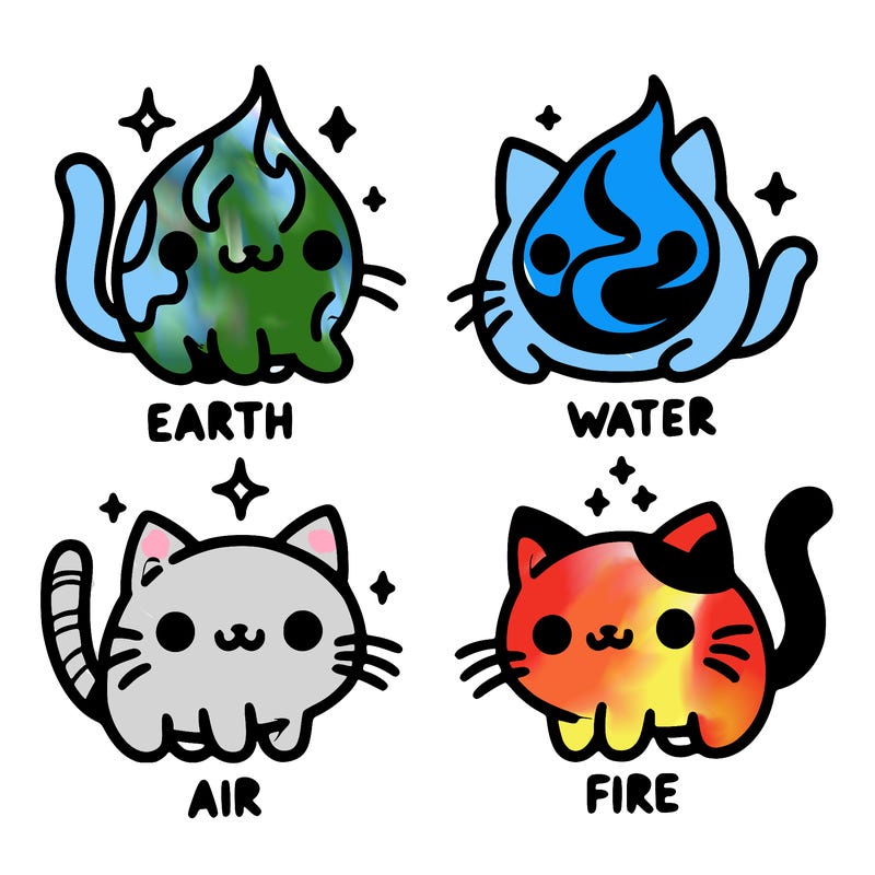 4 cats that represent the different elements, earth, water, air, and fire