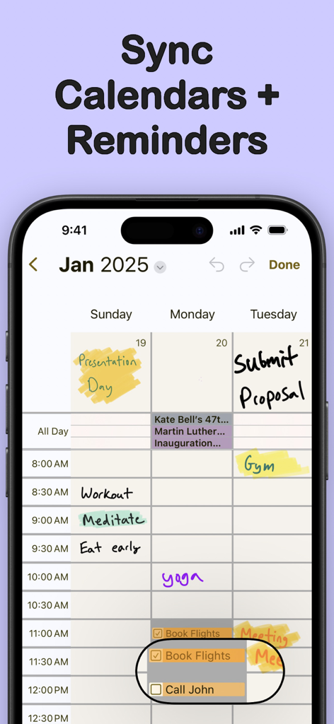 iPhoneのCalenDrawアプリ。手書きメモと同期されたリマインダーが表示されたカレンダー。