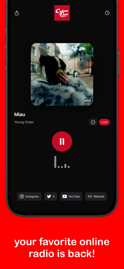 CubanFlow Radio - CubanFlow Radio mobile app interface featuring a live music player with the song Miau by Young Cister and social media links.