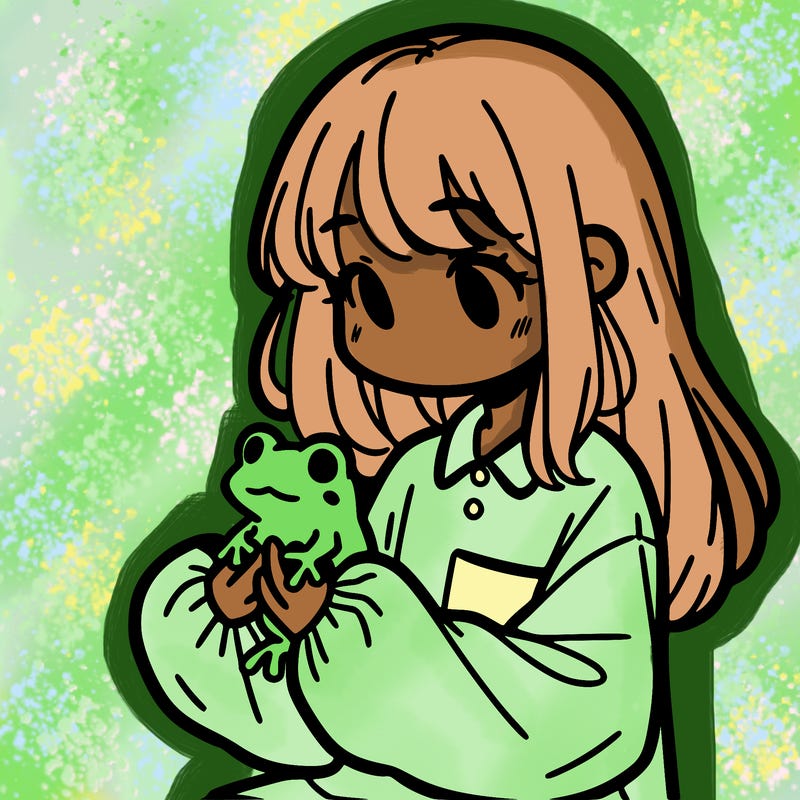 girl with long hair and a oversized shirt. and she is holding a frog