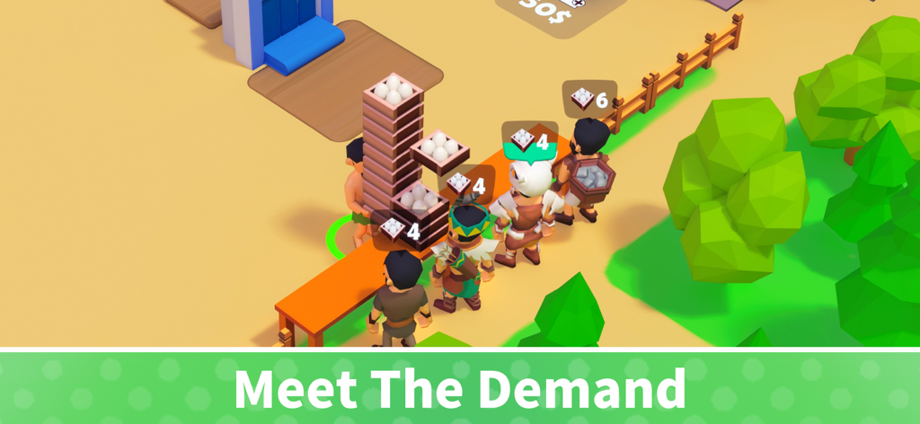 Survivors queuing to collect food crates in a 3D idle simulation game with the text Meet The Demand