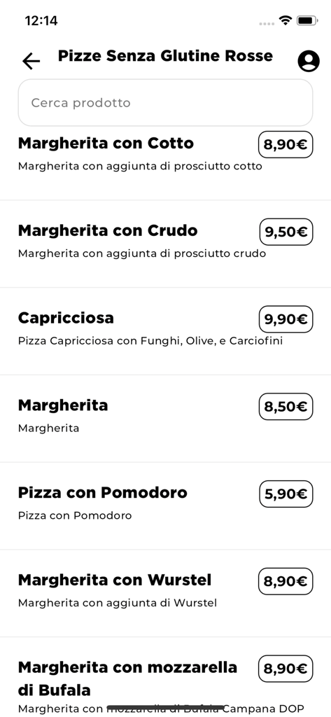 Gep - Gluten-free red pizza menu list in the Gep mobile app with prices