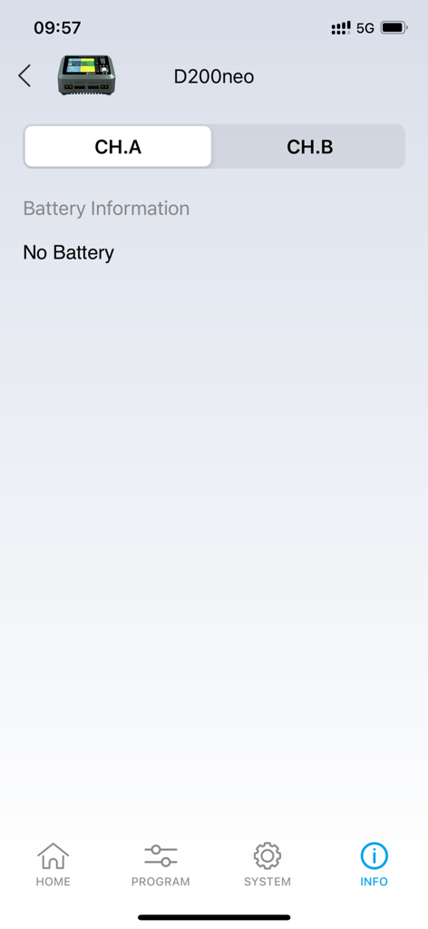 SkyCharger app info screen for D200neo charger showing no battery connected