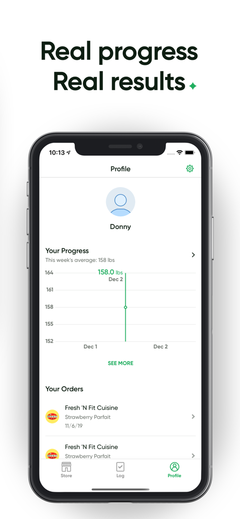 FitGenie app profile interface showing a weight progress chart and recent local meal delivery orders.