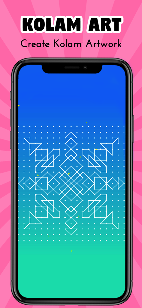 Pantalla de smartphone mostrando un patrón geométrico simétrico de arte Kolam blanco sobre un fondo degradado azul y verde.