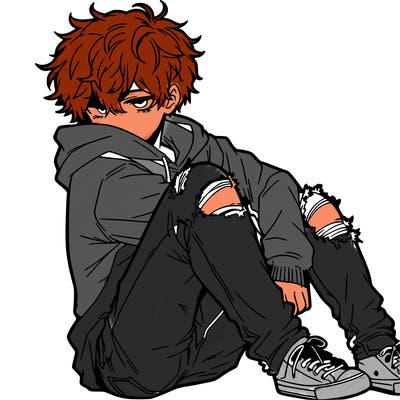 a male hoddie ripped jeans messy hair anime