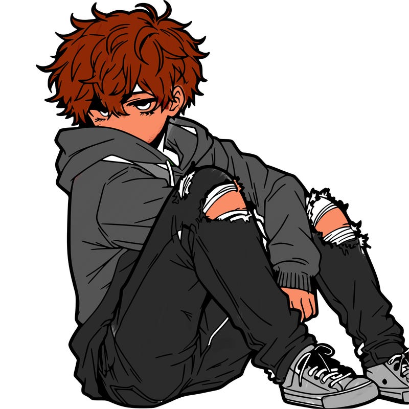 a male hoddie ripped jeans messy hair anime
