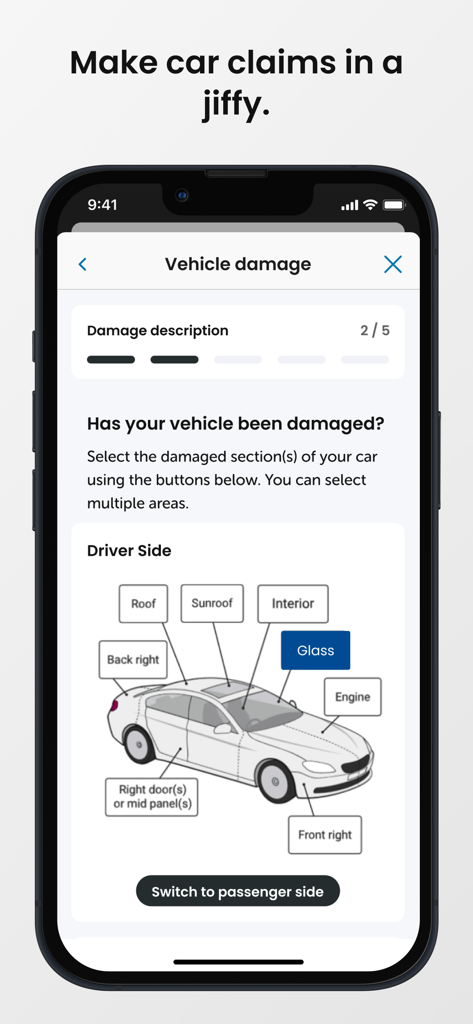 State - State insurance app screen showing a car diagram to select damaged areas for a claim
