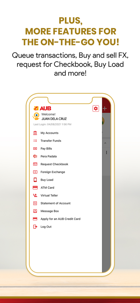 AUB - AUB mobile app interface displaying a menu of services including fund transfers, bill payments, and foreign exchange