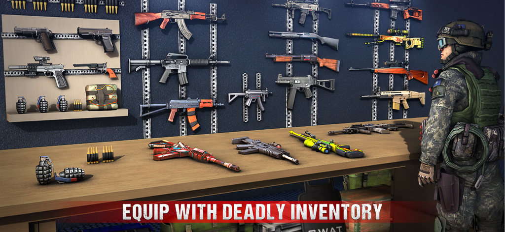 FPS Commando Gun Game Offline - Soldier standing in front of a weapon inventory with various guns and grenades