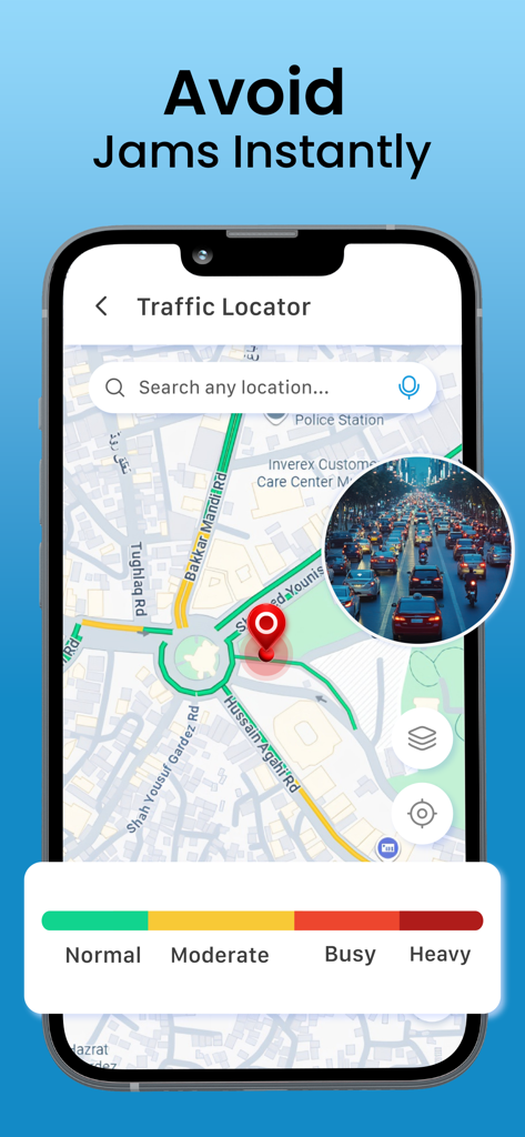 Interfaz de la aplicación RouteFinder mostrando un mapa de tráfico en tiempo real y alertas de congestión