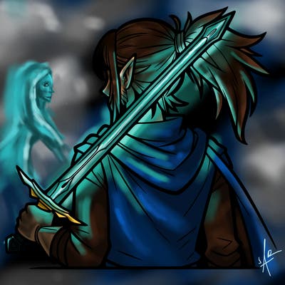 a guy with pointy ears long hair in a sort short ponytail and a sword on his back