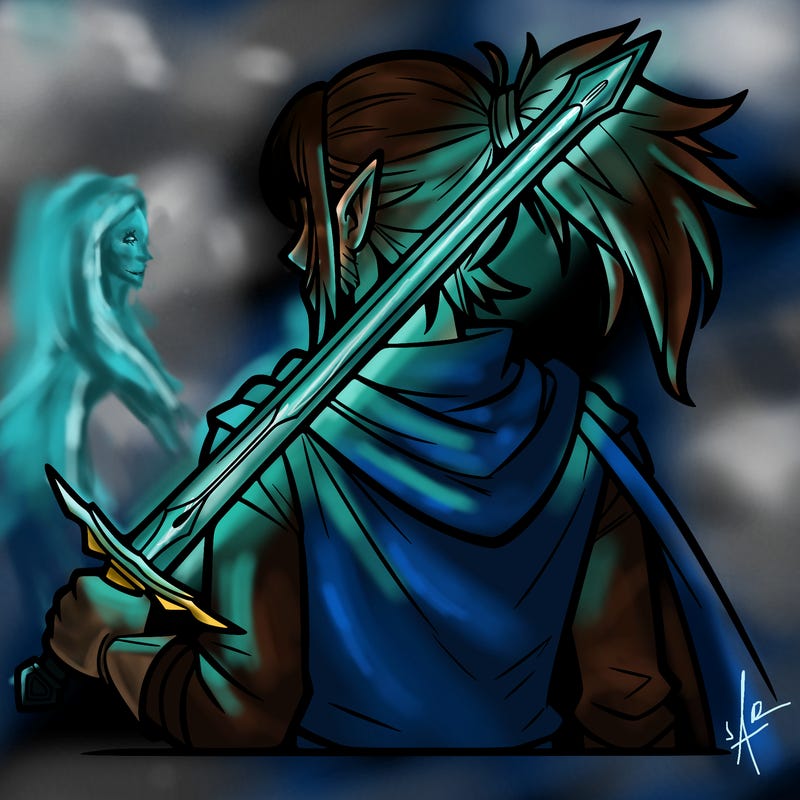 a guy with pointy ears long hair in a sort short ponytail and a sword on his back