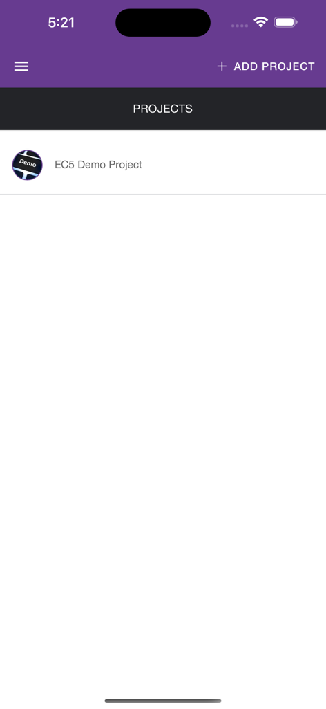 Epicollect5 app main screen showing a list of data collection projects with an option to add new projects