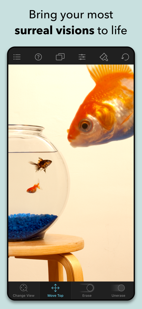 Juxtaposer: cut, combine, edit - Juxtaposerアプリのインターフェースを使用して作成された、金魚鉢を覗き込む巨大な金魚のシュールなフォトモンタージュ