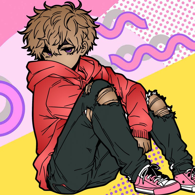 a male hoddie ripped jeans messy hair anime
