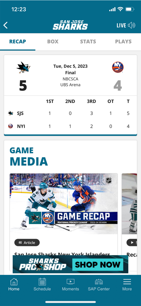 San Jose Sharks + SAP Center - San Jose Sharks app game recap screen showing final score and media highlights