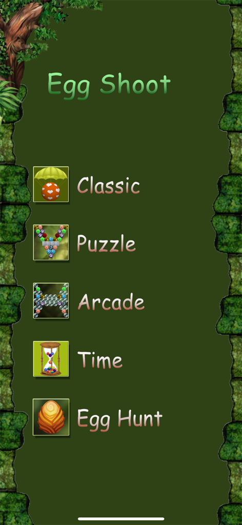 Egg Shoot Dino main menu showing Classic Puzzle Arcade Time and Egg Hunt game modes