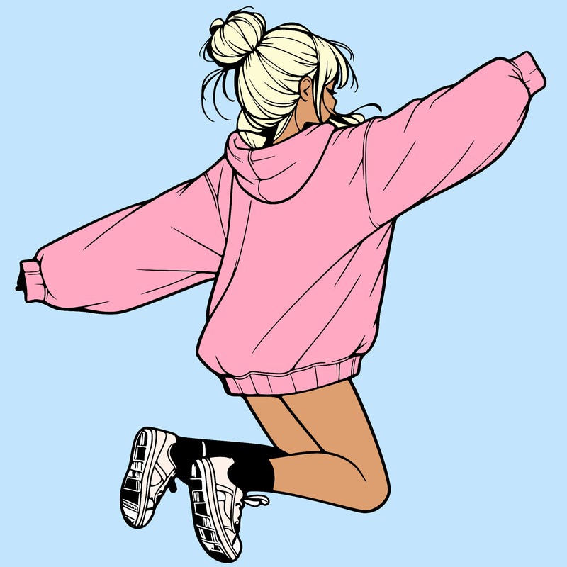 realistic girl jumping with a bun and oversized sweatshirt