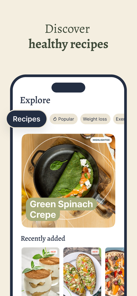 Forme Fasting Timer - Écran de découverte de recettes de l'application Forme présentant une crêpe verte aux épinards